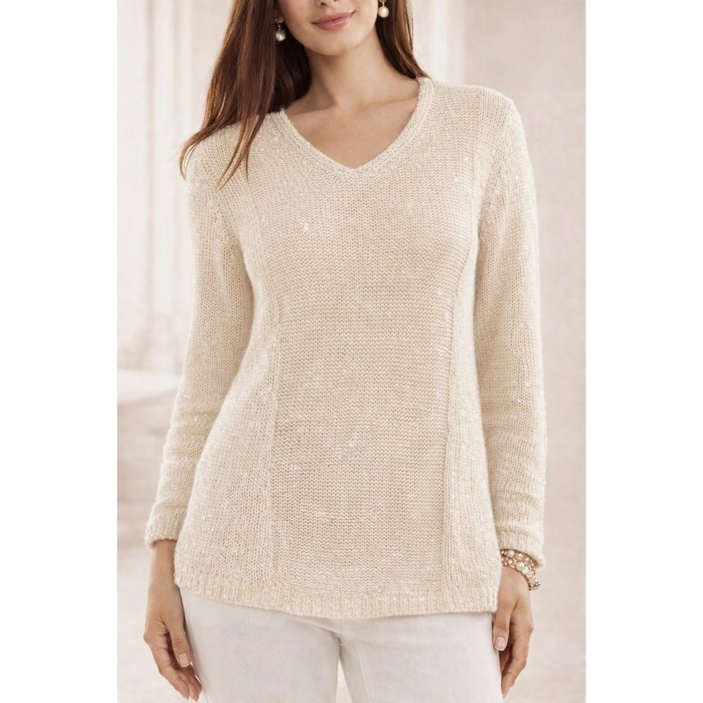 Chico's Sequin Samantha Sweater sz 3 US XL Cream Sparkly V-Neck Tunic Length NWT